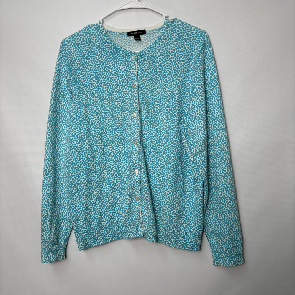 Lands End Womens Large Blue White Dotted Cotton Blend Button Front Cardigan